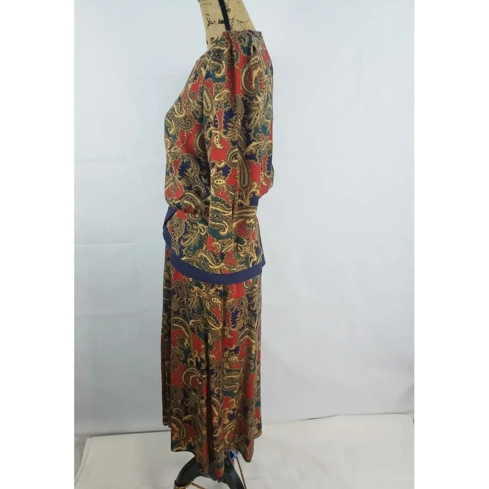 Lisa Petites Womens Peplum Dress Khaki Tan Red Paisley 3/4 Sleeve Vintage 10 U10